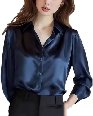 Women Silk Satin Button Down Shirt Y2K Office Blouse Slim Long Sleeve Fashion Top