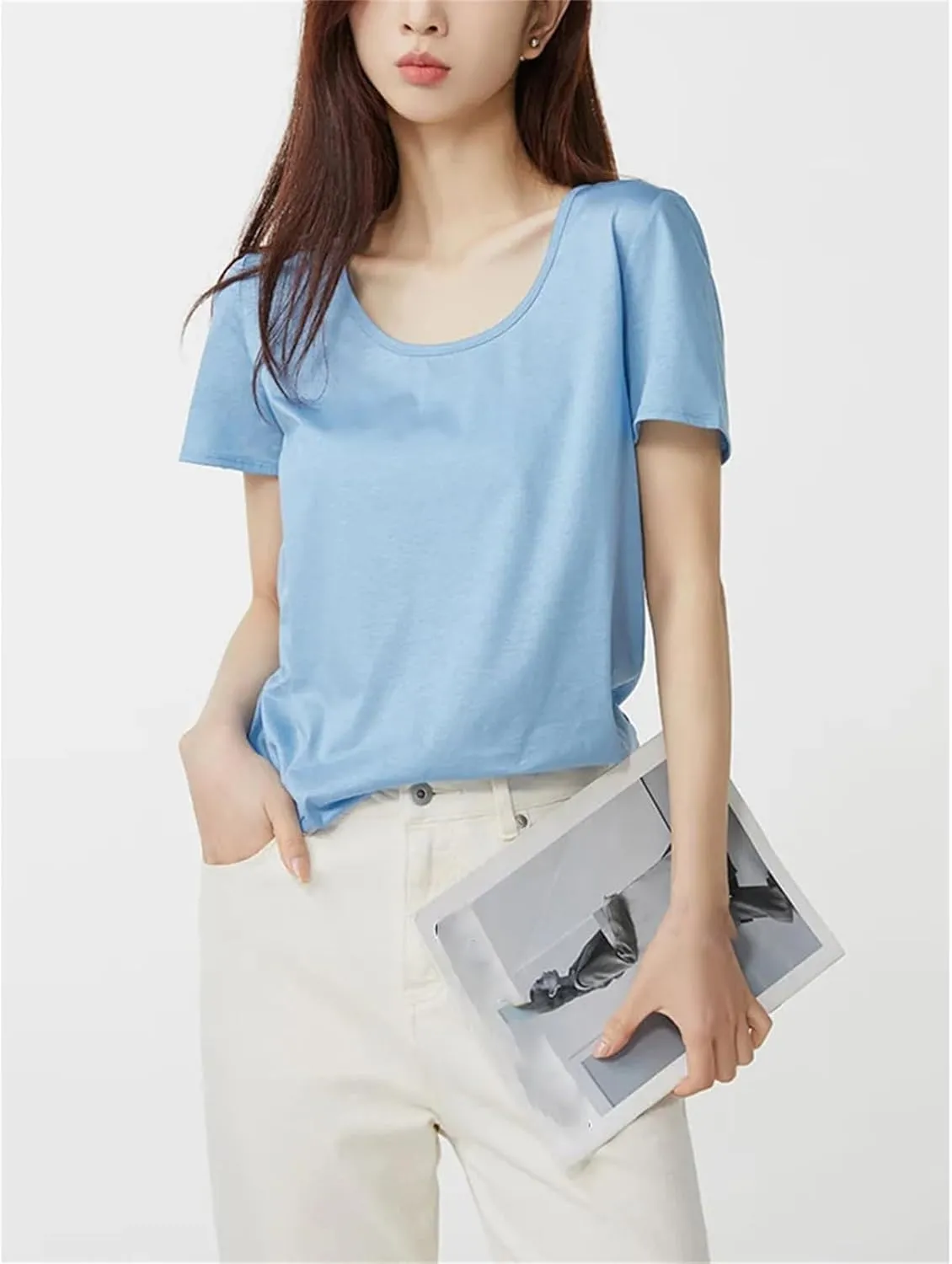 Women Silk T-Shirts Cotton Solid Color U-Neck Short Sleeved Shorts Spring Summer Top Thin Clothes