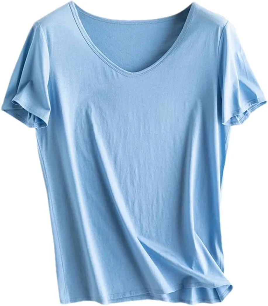 Women Silk T-Shirts Cotton Solid Color U-Neck Short Sleeved Shorts Spring Summer Top Thin Clothes