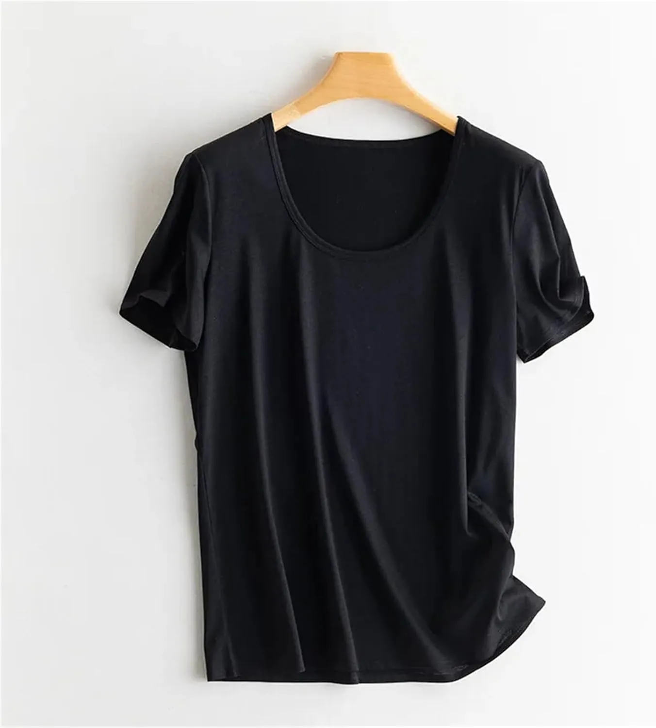 Women Silk T-Shirts Cotton Solid Color U-Neck Short Sleeved Shorts Spring Summer Top Thin Clothes