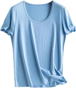 Women Silk T-Shirts Cotton Solid Color U-Neck Short Sleeved Shorts Spring Summer Top Thin Clothes