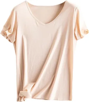 Women Silk T-Shirts Cotton Solid Color U-Neck Short Sleeved Shorts Spring Summer Top Thin Clothes