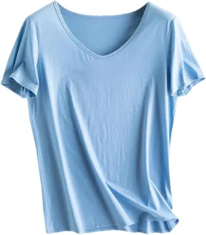 Women Silk T-Shirts Cotton Solid Color U-Neck Short Sleeved Shorts Spring Summer Top Thin Clothes