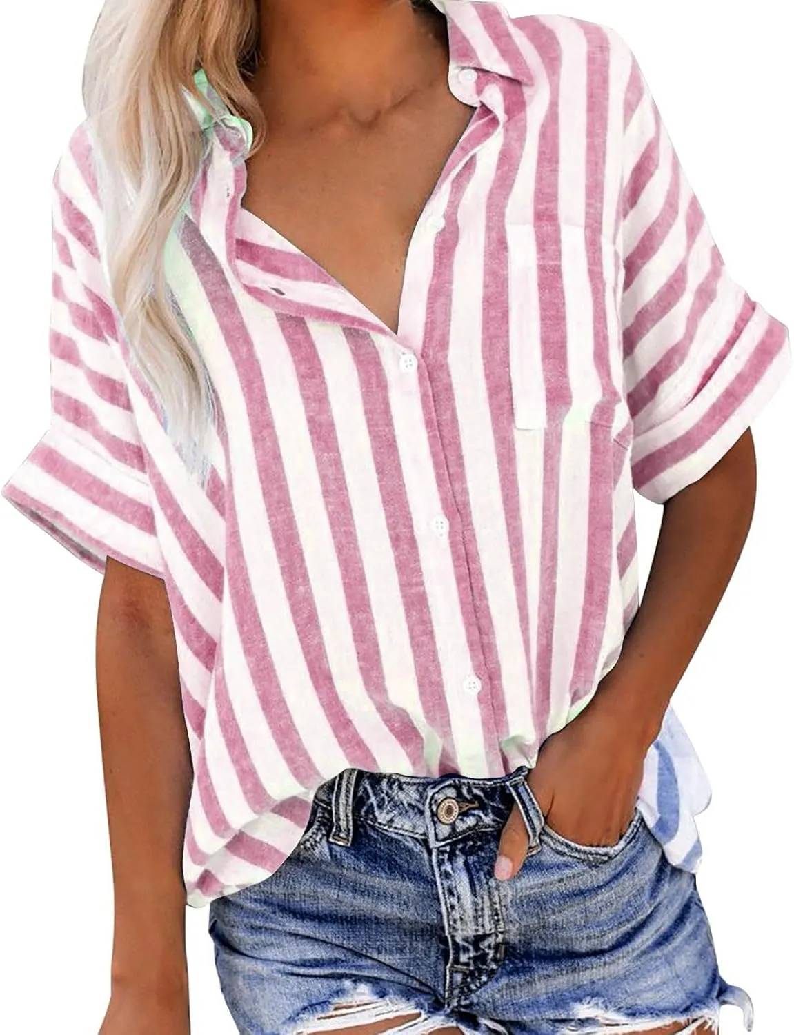 Women Striped Button Down Shirts Cotton Linen Blouse Tops Short Sleeve Collar Guaze Shirt Trendy Vacation Work Clothes