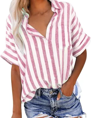 Women Striped Button Down Shirts Cotton Linen Blouse Tops Short Sleeve Collar Guaze Shirt Trendy Vacation Work Clothes