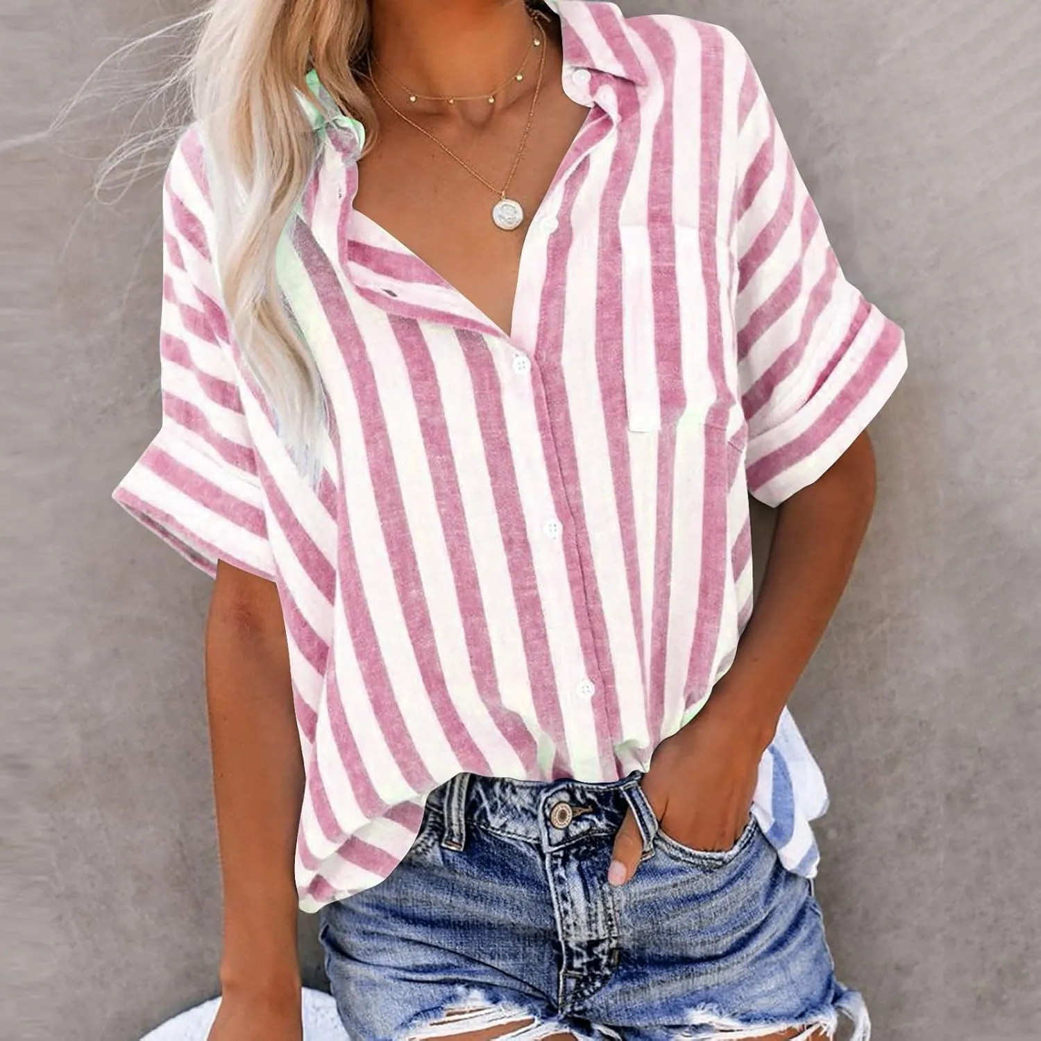 Women Striped Button Down Shirts Cotton Linen Blouse Tops Short Sleeve Collar Guaze Shirt Trendy Vacation Work Clothes