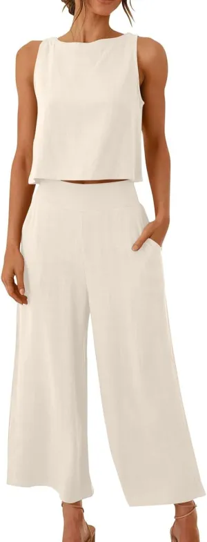 Women Summer 2 Piece Cotton Linen Sleeveless Crop Tank Top Wide Leg Pants Outfits Jumpsuits Lounge Beach Matching Sets