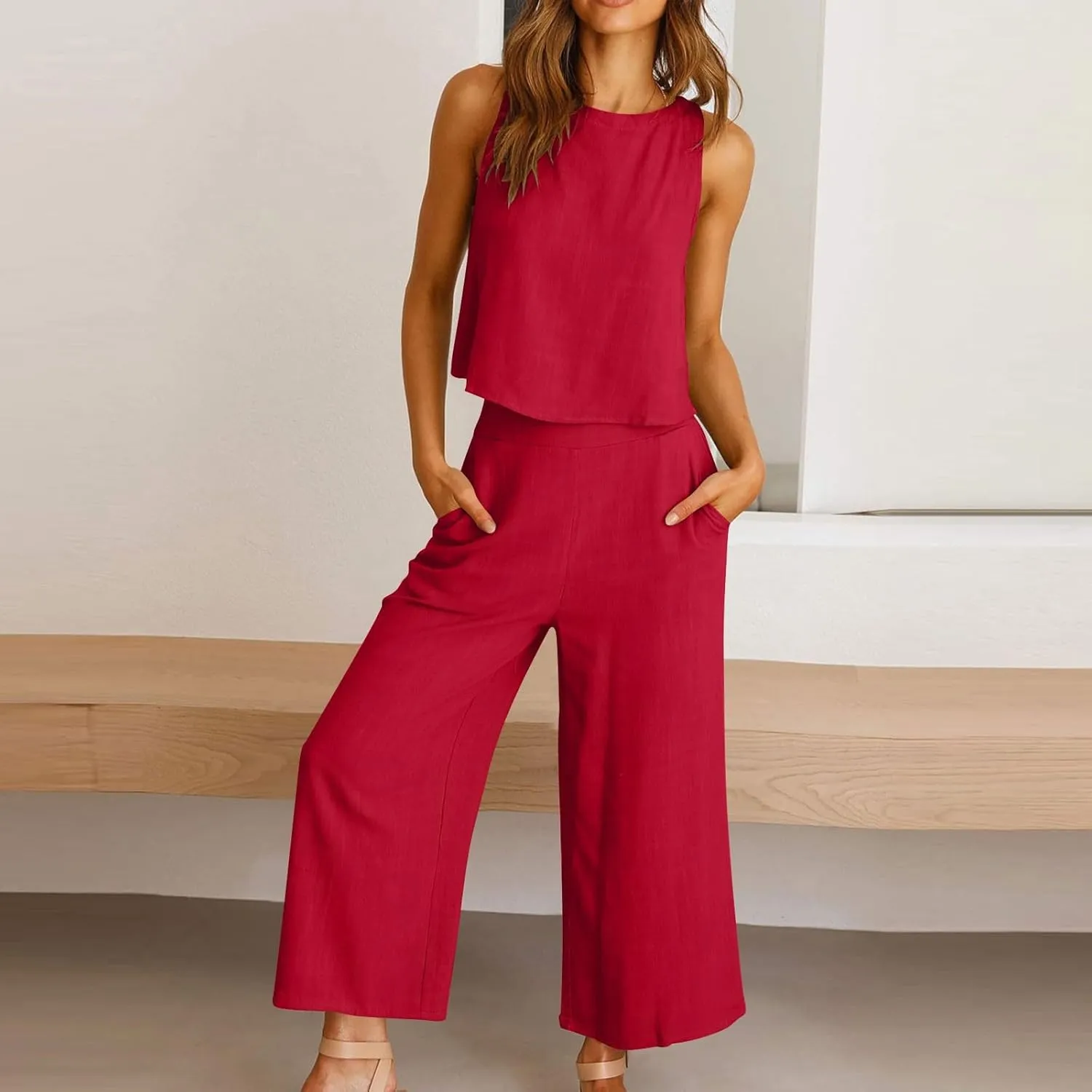 Women Summer 2 Piece Cotton Linen Sleeveless Crop Tank Top Wide Leg Pants Outfits Jumpsuits Lounge Beach Matching Sets