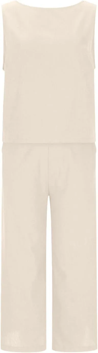 Women Summer 2 Piece Cotton Linen Sleeveless Crop Tank Top Wide Leg Pants Outfits Jumpsuits Lounge Beach Matching Sets