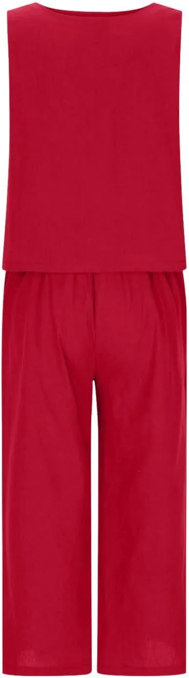 Women Summer 2 Piece Cotton Linen Sleeveless Crop Tank Top Wide Leg Pants Outfits Jumpsuits Lounge Beach Matching Sets