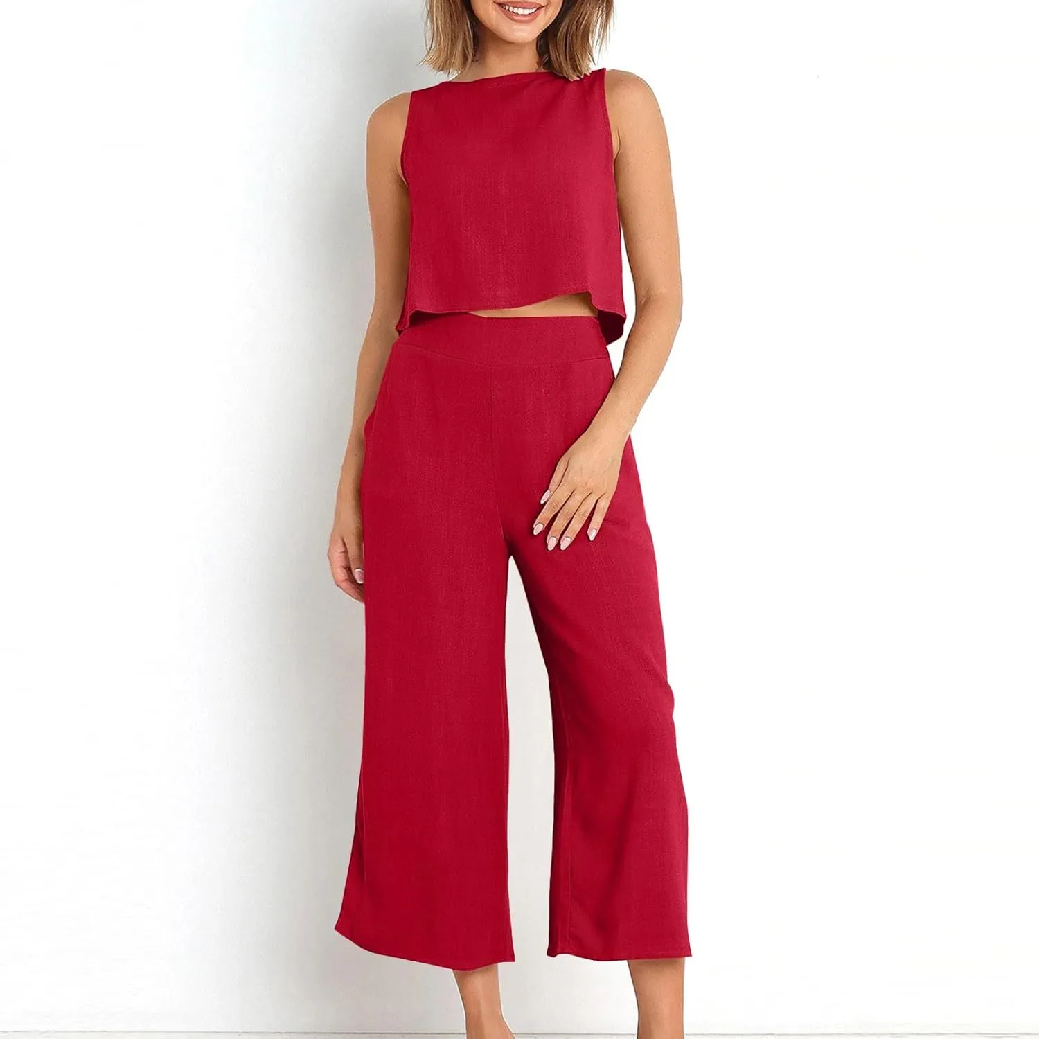 Women Summer 2 Piece Cotton Linen Sleeveless Crop Tank Top Wide Leg Pants Outfits Jumpsuits Lounge Beach Matching Sets