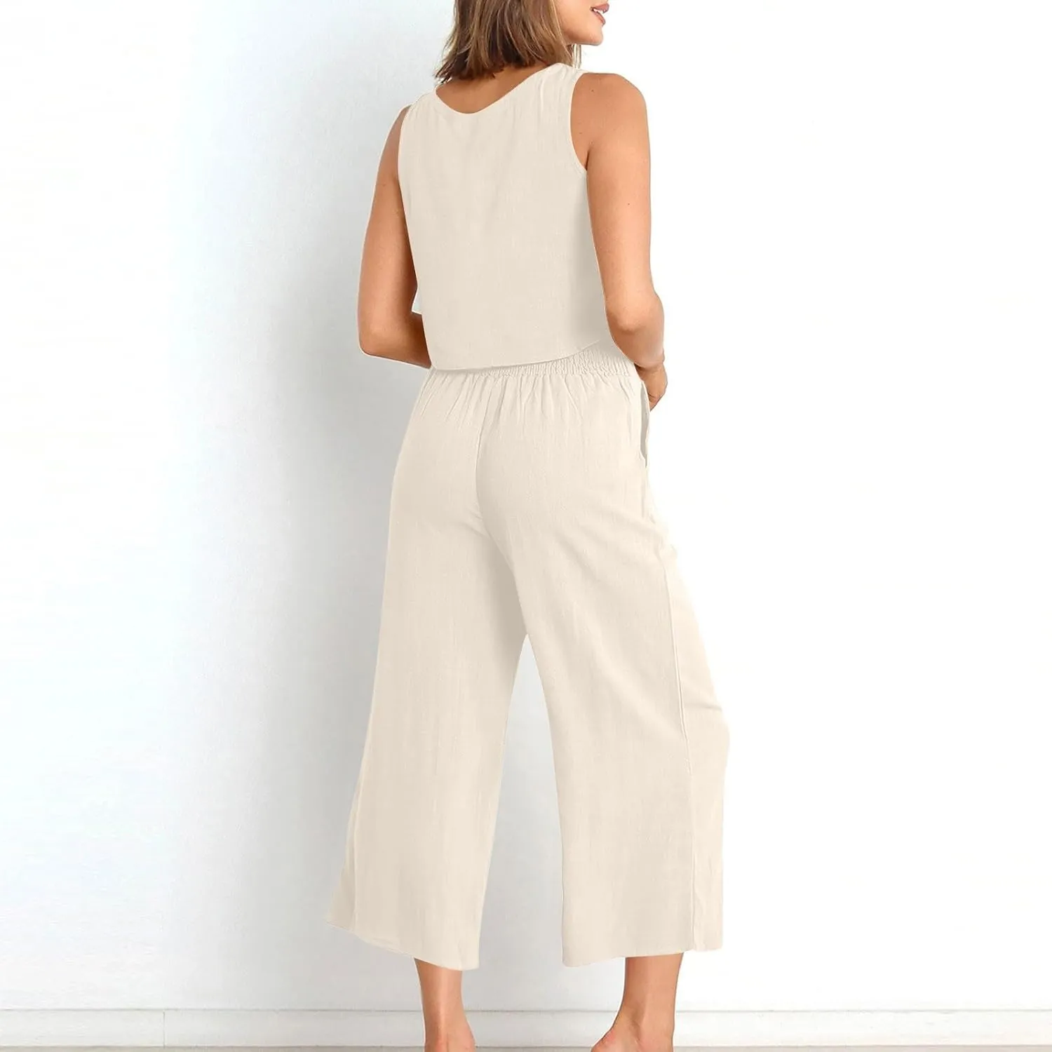 Women Summer 2 Piece Cotton Linen Sleeveless Crop Tank Top Wide Leg Pants Outfits Jumpsuits Lounge Beach Matching Sets