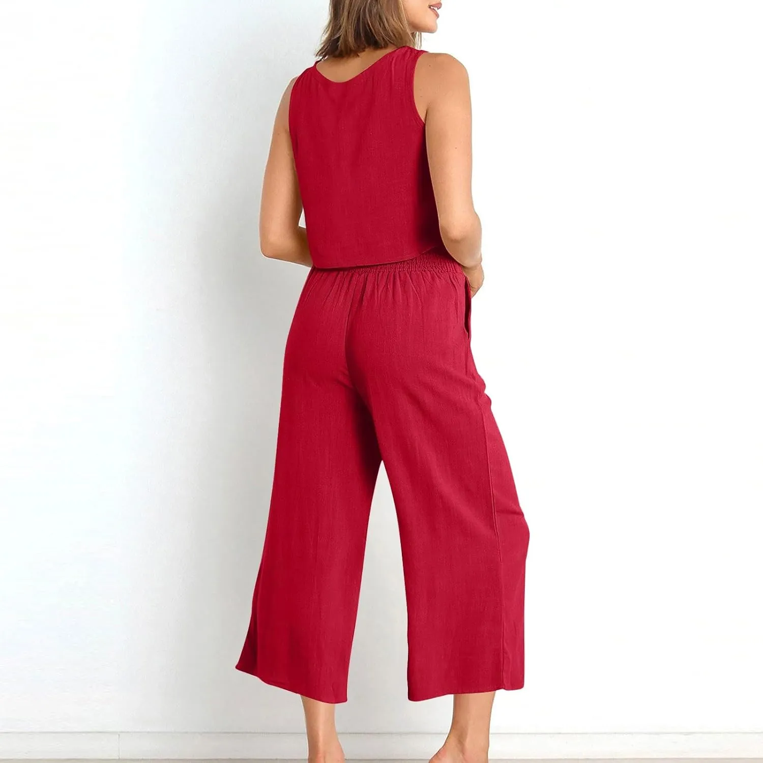 Women Summer 2 Piece Cotton Linen Sleeveless Crop Tank Top Wide Leg Pants Outfits Jumpsuits Lounge Beach Matching Sets
