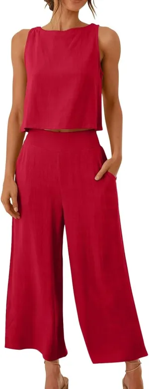 Women Summer 2 Piece Cotton Linen Sleeveless Crop Tank Top Wide Leg Pants Outfits Jumpsuits Lounge Beach Matching Sets