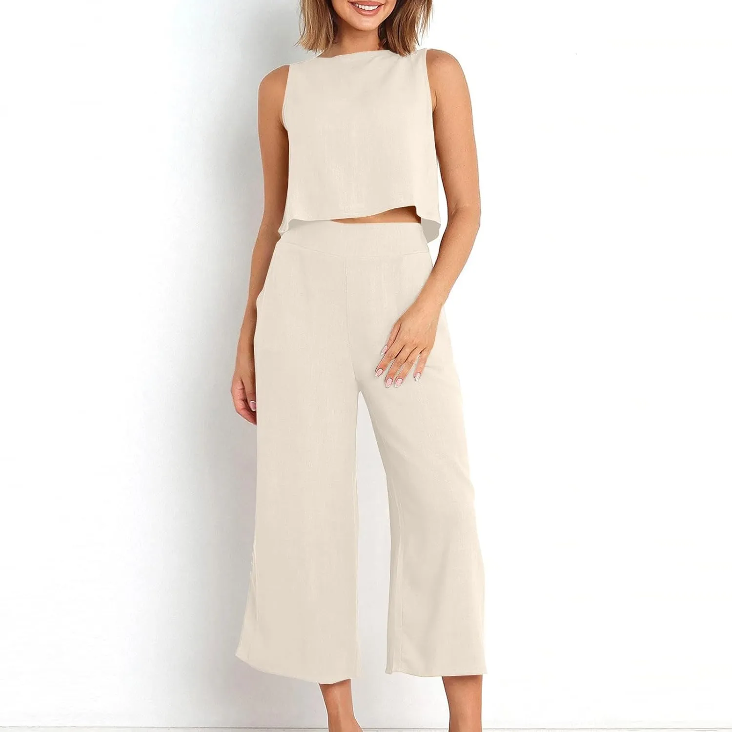 Women Summer 2 Piece Cotton Linen Sleeveless Crop Tank Top Wide Leg Pants Outfits Jumpsuits Lounge Beach Matching Sets