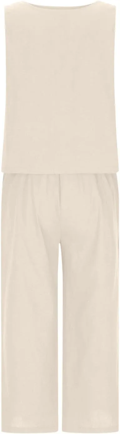 Women Summer 2 Piece Cotton Linen Sleeveless Crop Tank Top Wide Leg Pants Outfits Jumpsuits Lounge Beach Matching Sets