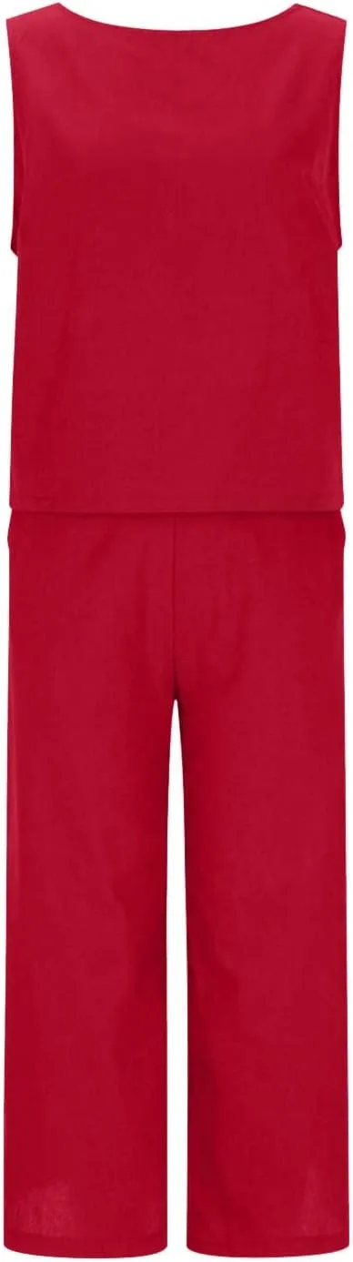 Women Summer 2 Piece Cotton Linen Sleeveless Crop Tank Top Wide Leg Pants Outfits Jumpsuits Lounge Beach Matching Sets