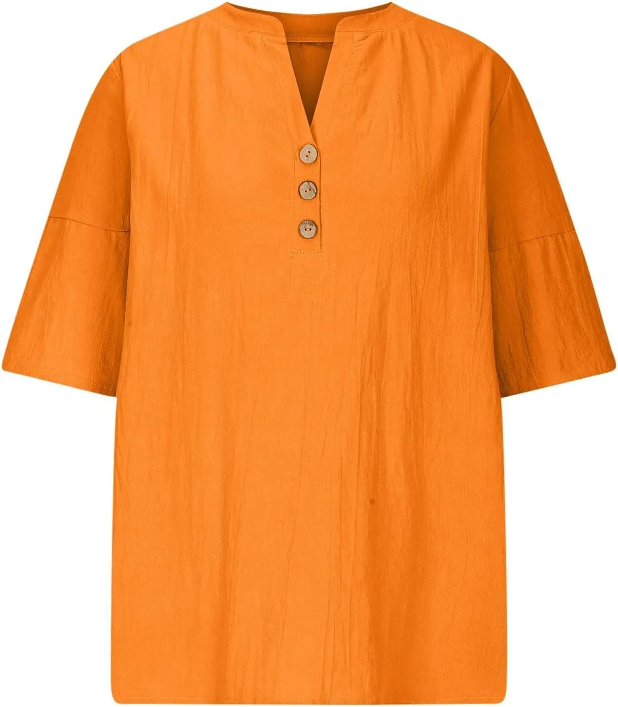 Women Summer Causal Linen Tops 2024 Trendy Gauze Tunic Blouse 3/4 Sleeve Button V Neck Shirt Loose Fit Boho Clothing