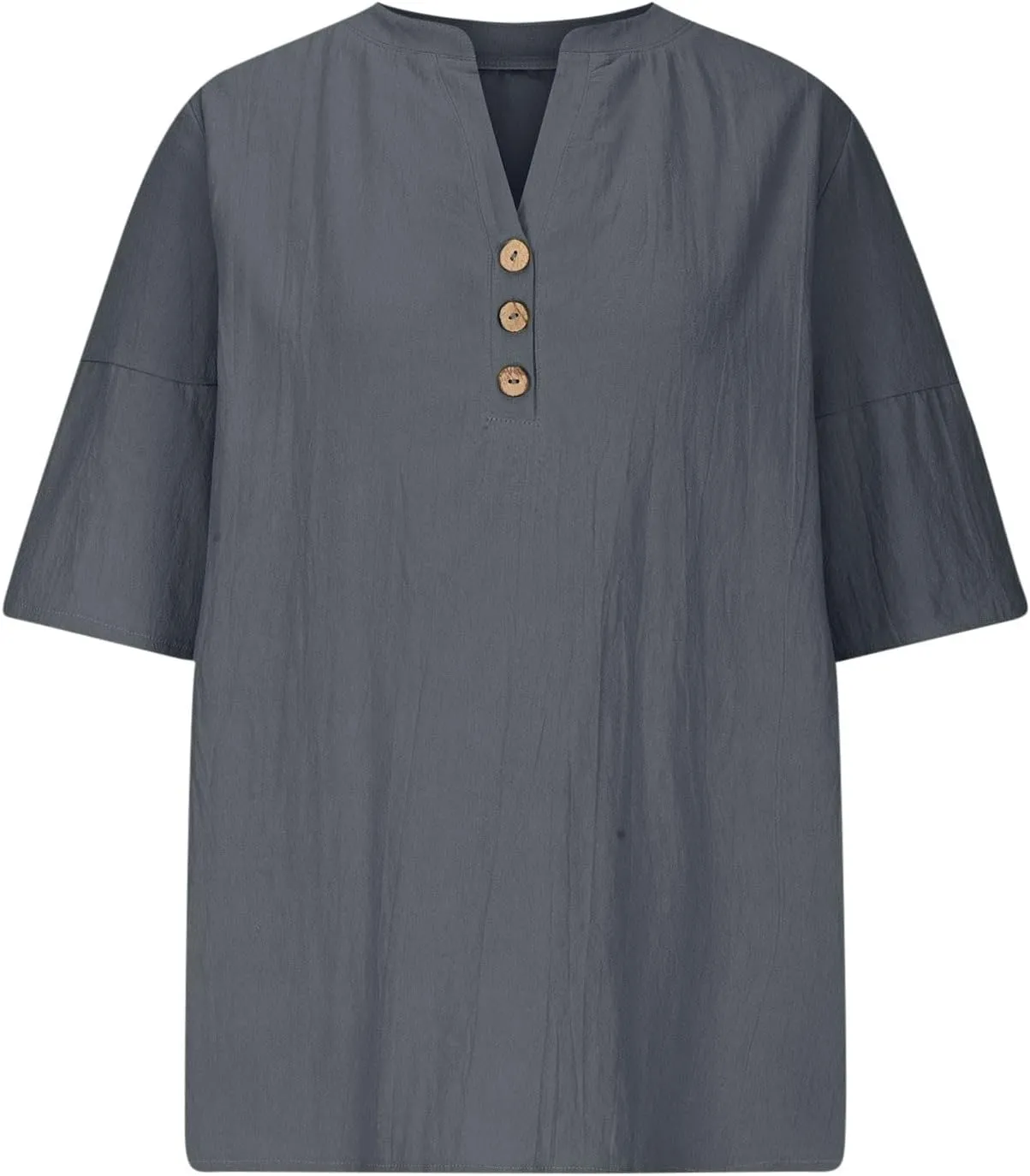 Women Summer Causal Linen Tops 2024 Trendy Gauze Tunic Blouse 3/4 Sleeve Button V Neck Shirt Loose Fit Boho Clothing