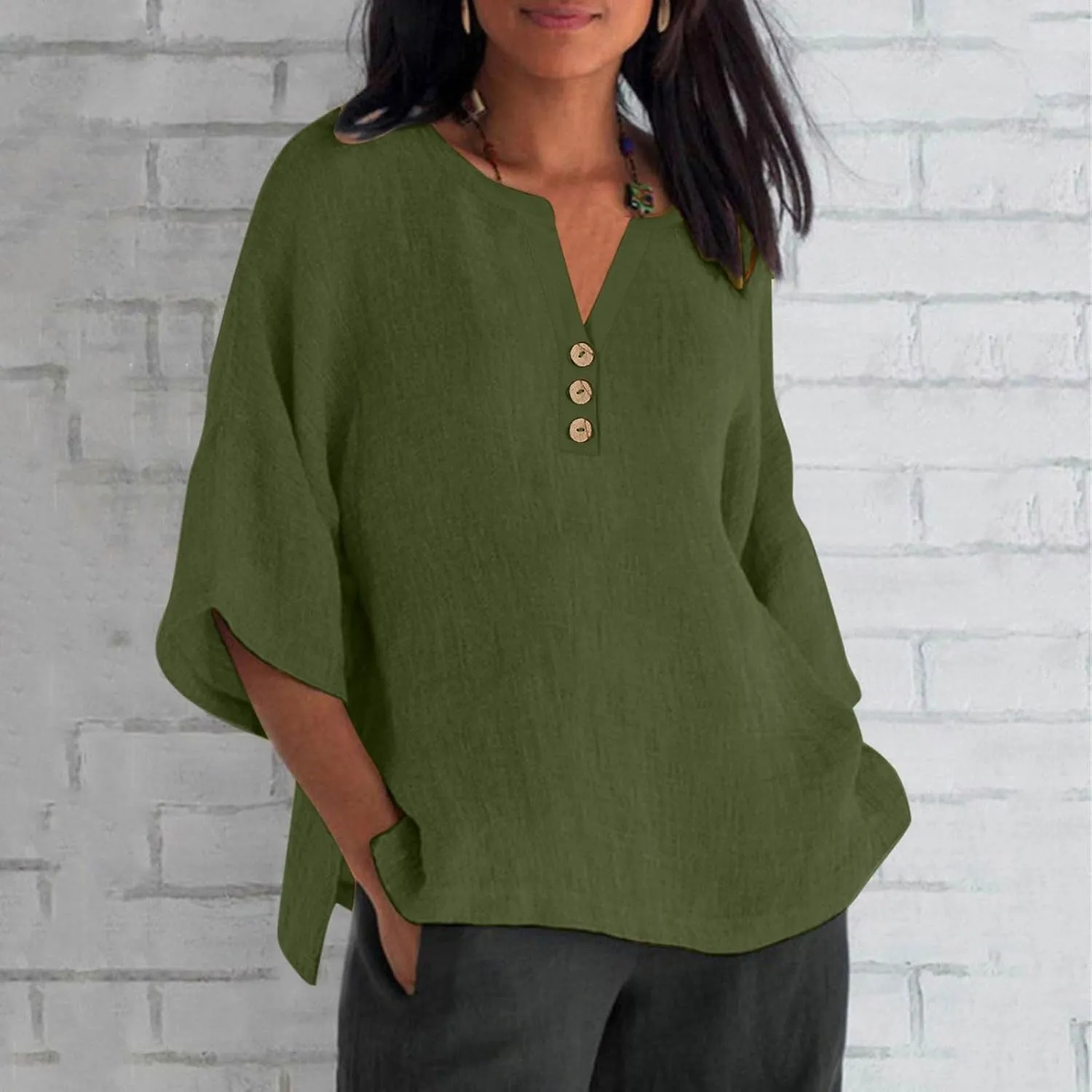 Women Summer Causal Linen Tops 2024 Trendy Gauze Tunic Blouse 3/4 Sleeve Button V Neck Shirt Loose Fit Boho Clothing