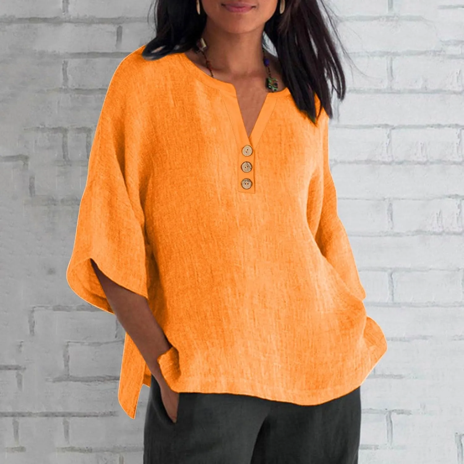 Women Summer Causal Linen Tops 2024 Trendy Gauze Tunic Blouse 3/4 Sleeve Button V Neck Shirt Loose Fit Boho Clothing