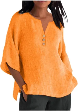 Women Summer Causal Linen Tops 2024 Trendy Gauze Tunic Blouse 3/4 Sleeve Button V Neck Shirt Loose Fit Boho Clothing