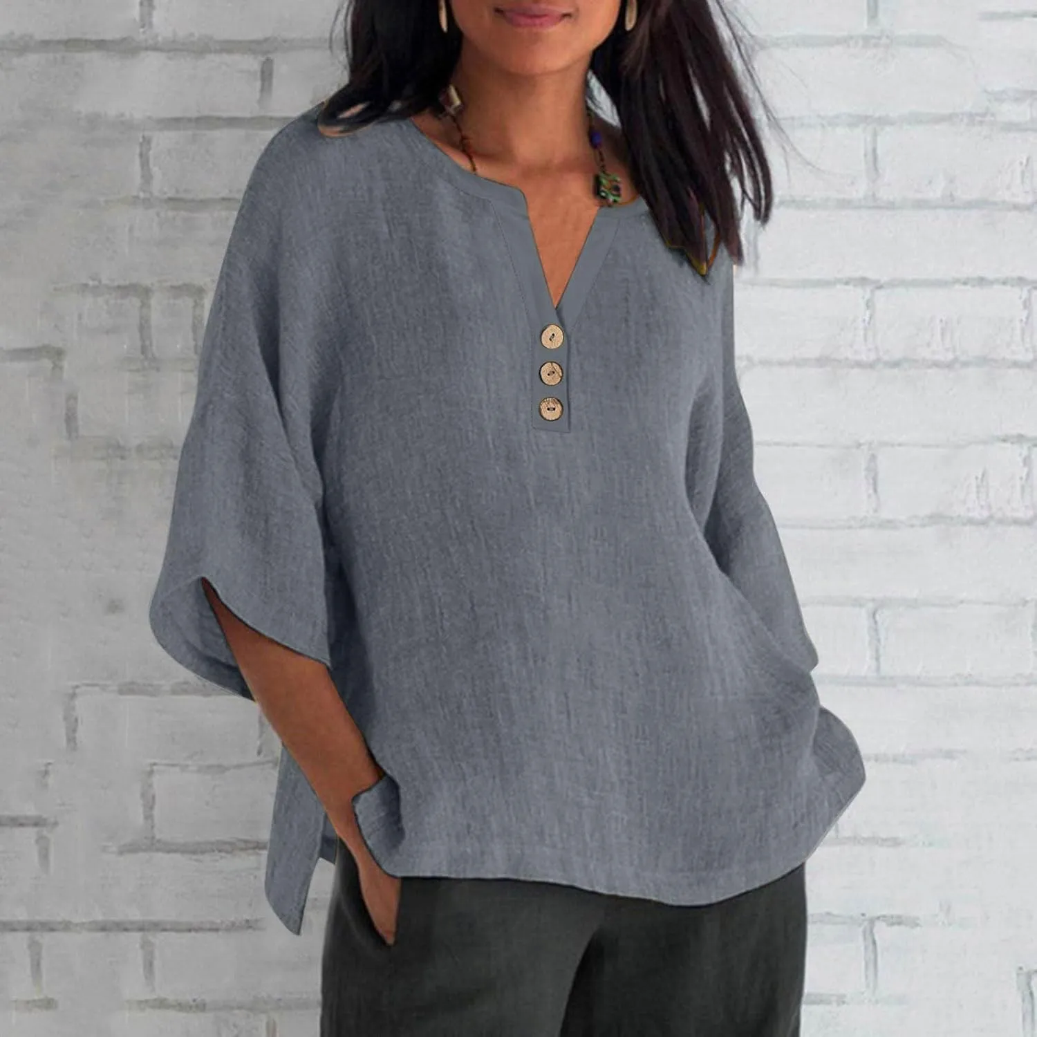Women Summer Causal Linen Tops 2024 Trendy Gauze Tunic Blouse 3/4 Sleeve Button V Neck Shirt Loose Fit Boho Clothing