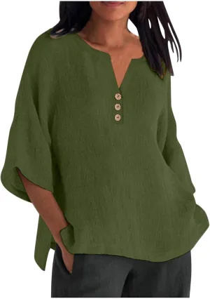 Women Summer Causal Linen Tops 2024 Trendy Gauze Tunic Blouse 3/4 Sleeve Button V Neck Shirt Loose Fit Boho Clothing