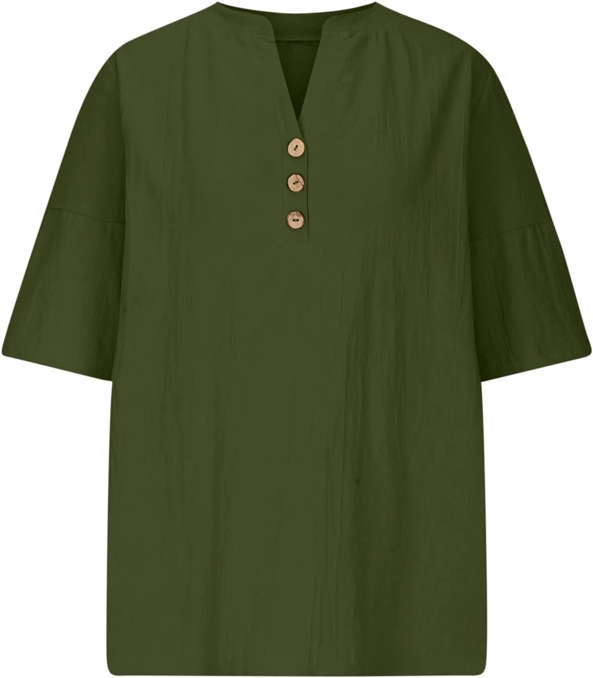 Women Summer Causal Linen Tops 2024 Trendy Gauze Tunic Blouse 3/4 Sleeve Button V Neck Shirt Loose Fit Boho Clothing