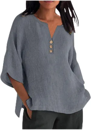 Women Summer Causal Linen Tops 2024 Trendy Gauze Tunic Blouse 3/4 Sleeve Button V Neck Shirt Loose Fit Boho Clothing