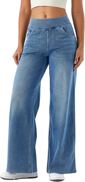 Women Sweatpant Jeans Wide Leg Stretchy Pant Sweatpants That Look Like Jeans Baggy Pull On High Waist Demin Pants