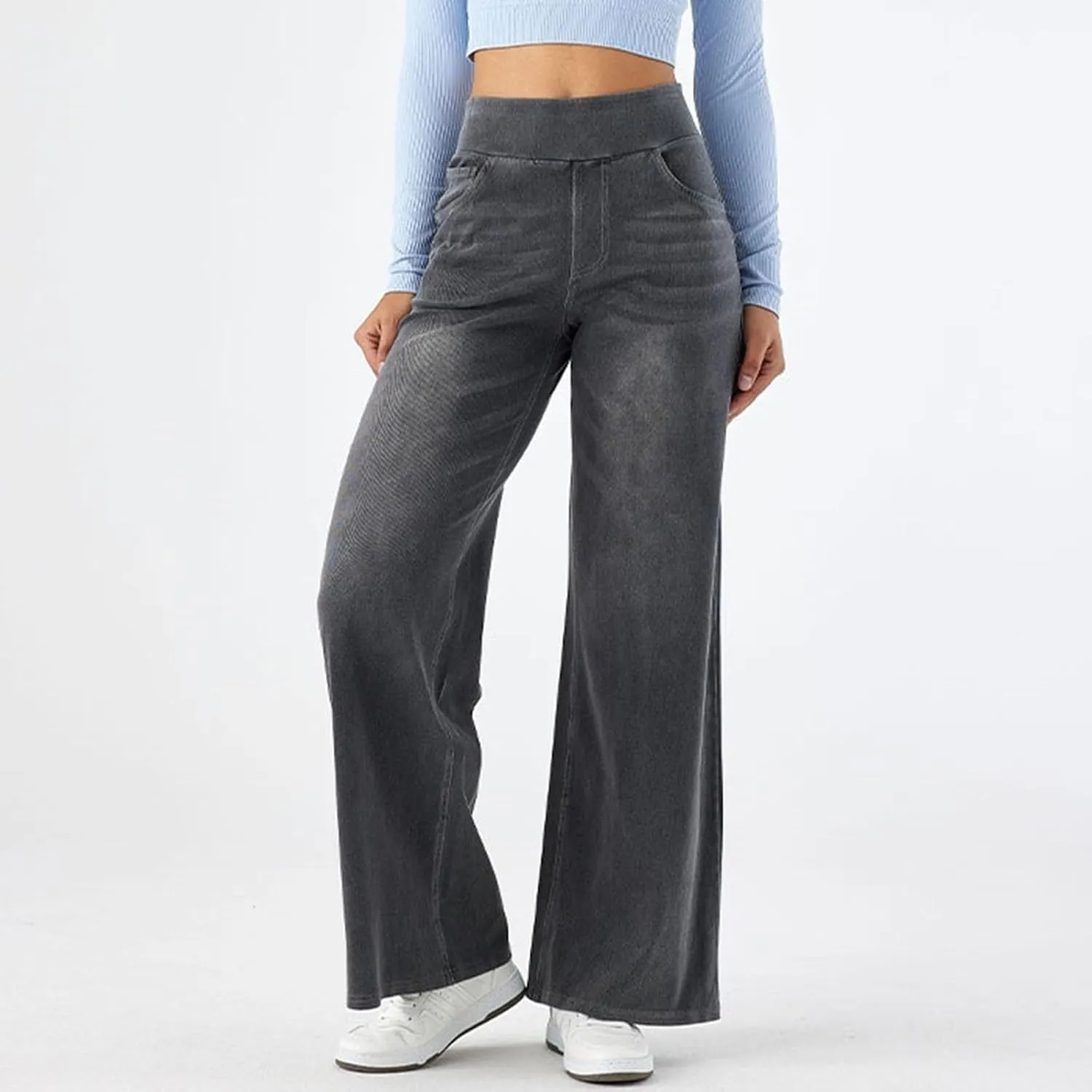 Women Sweatpant Jeans Wide Leg Stretchy Pant Sweatpants That Look Like Jeans Baggy Pull On High Waist Demin Pants