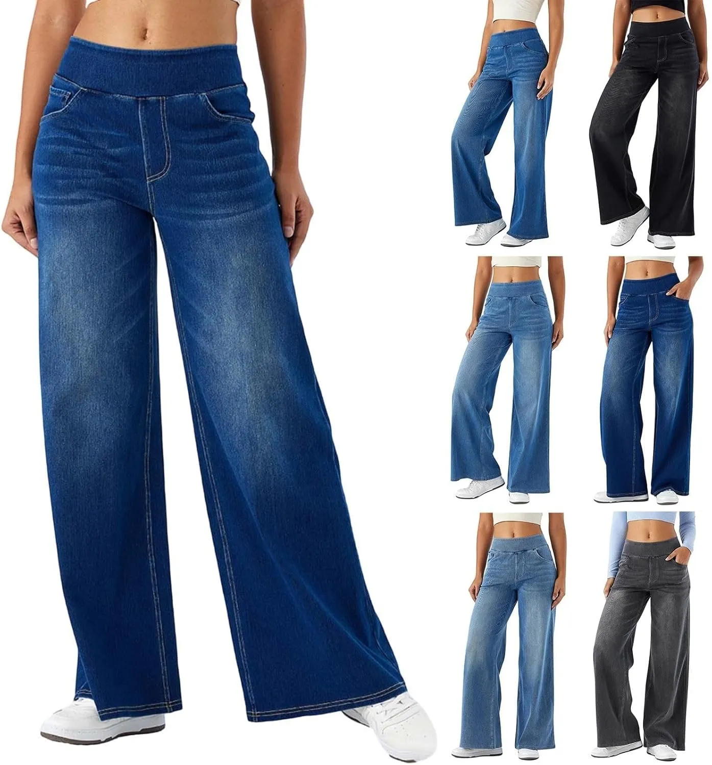 Women Sweatpant Jeans Wide Leg Stretchy Pant Sweatpants That Look Like Jeans Baggy Pull On High Waist Demin Pants