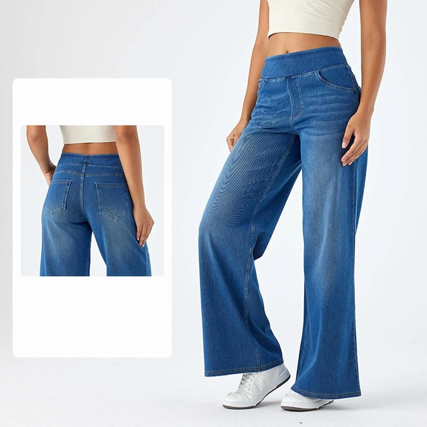 Women Sweatpant Jeans Wide Leg Stretchy Pant Sweatpants That Look Like Jeans Baggy Pull On High Waist Demin Pants