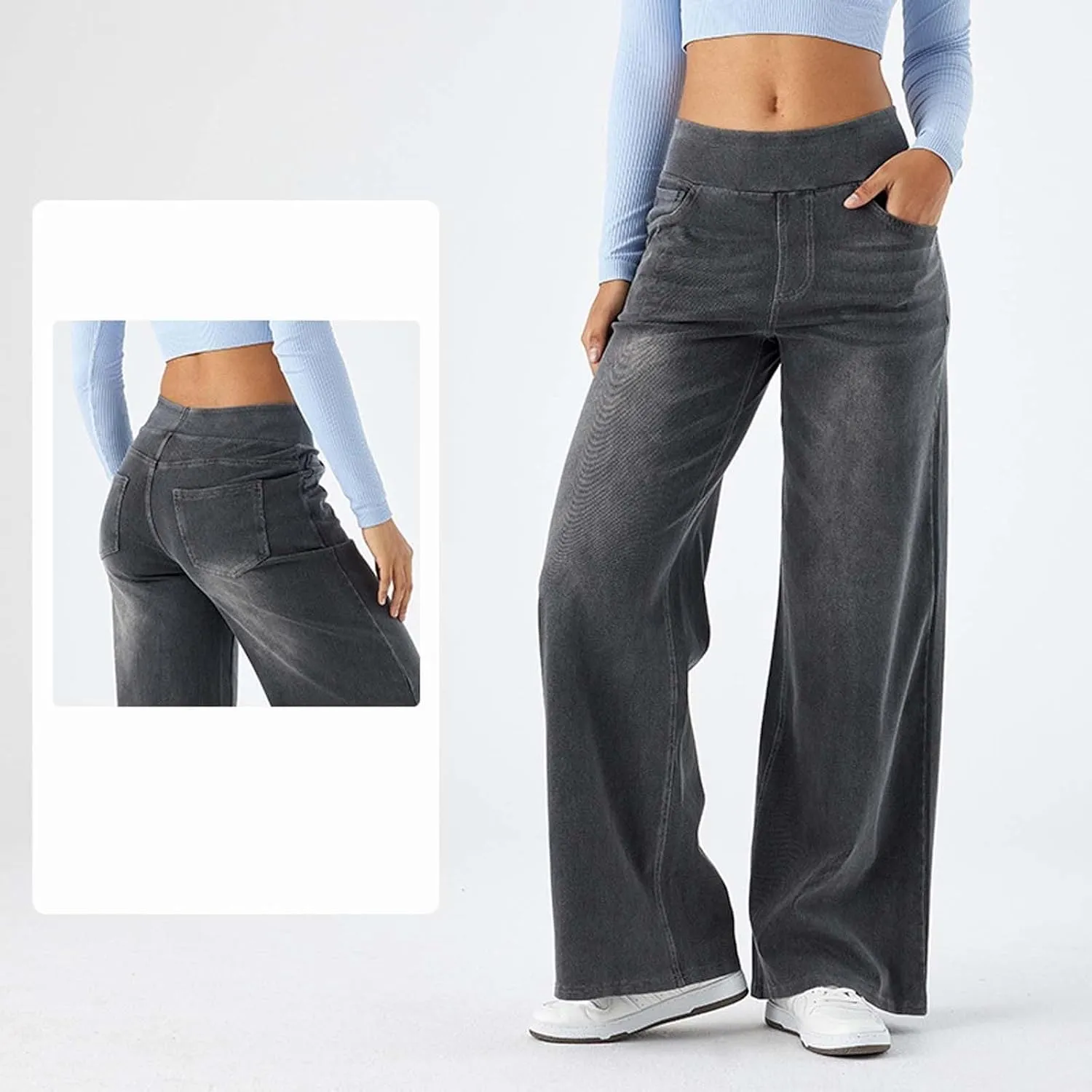Women Sweatpant Jeans Wide Leg Stretchy Pant Sweatpants That Look Like Jeans Baggy Pull On High Waist Demin Pants
