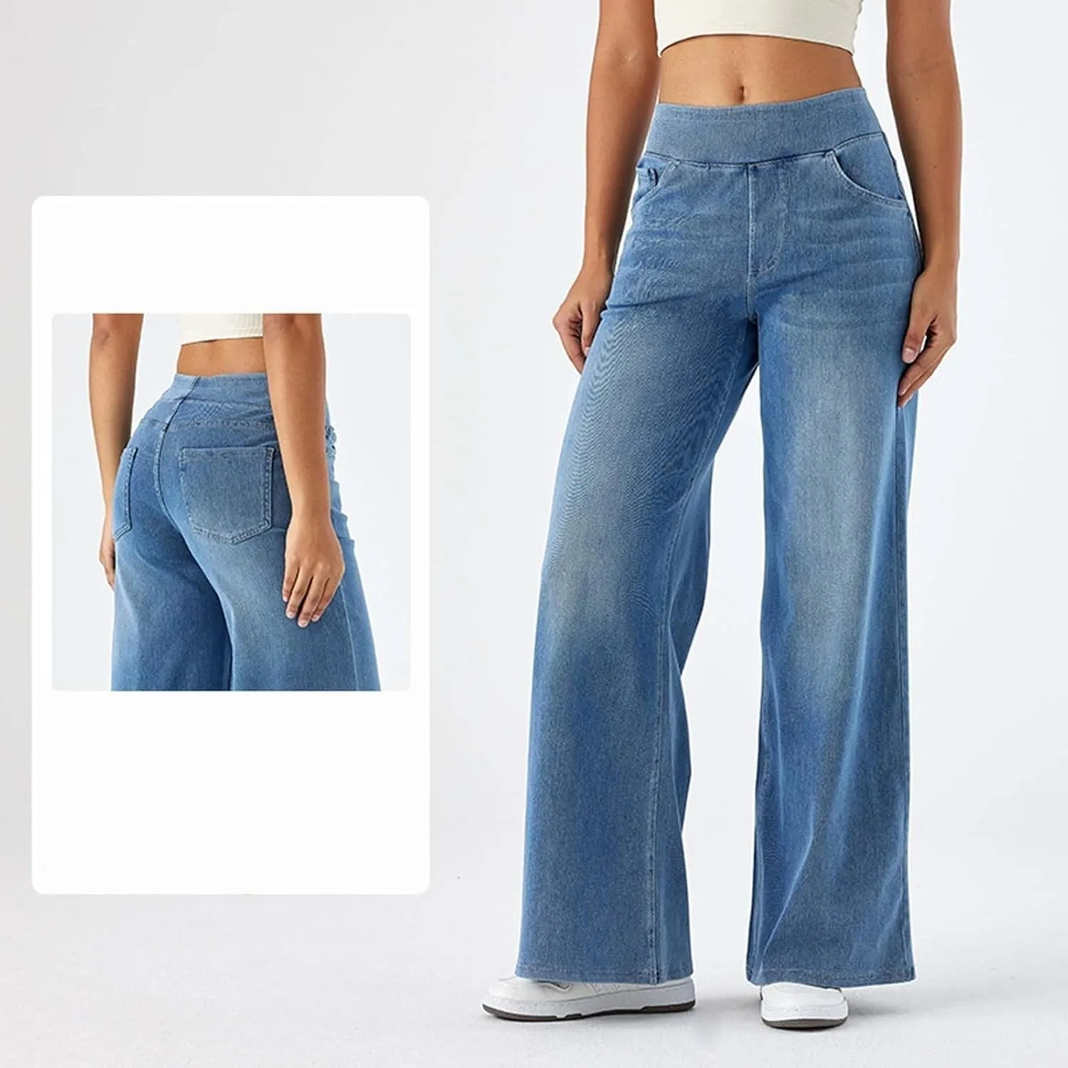 Women Sweatpant Jeans Wide Leg Stretchy Pant Sweatpants That Look Like Jeans Baggy Pull On High Waist Demin Pants