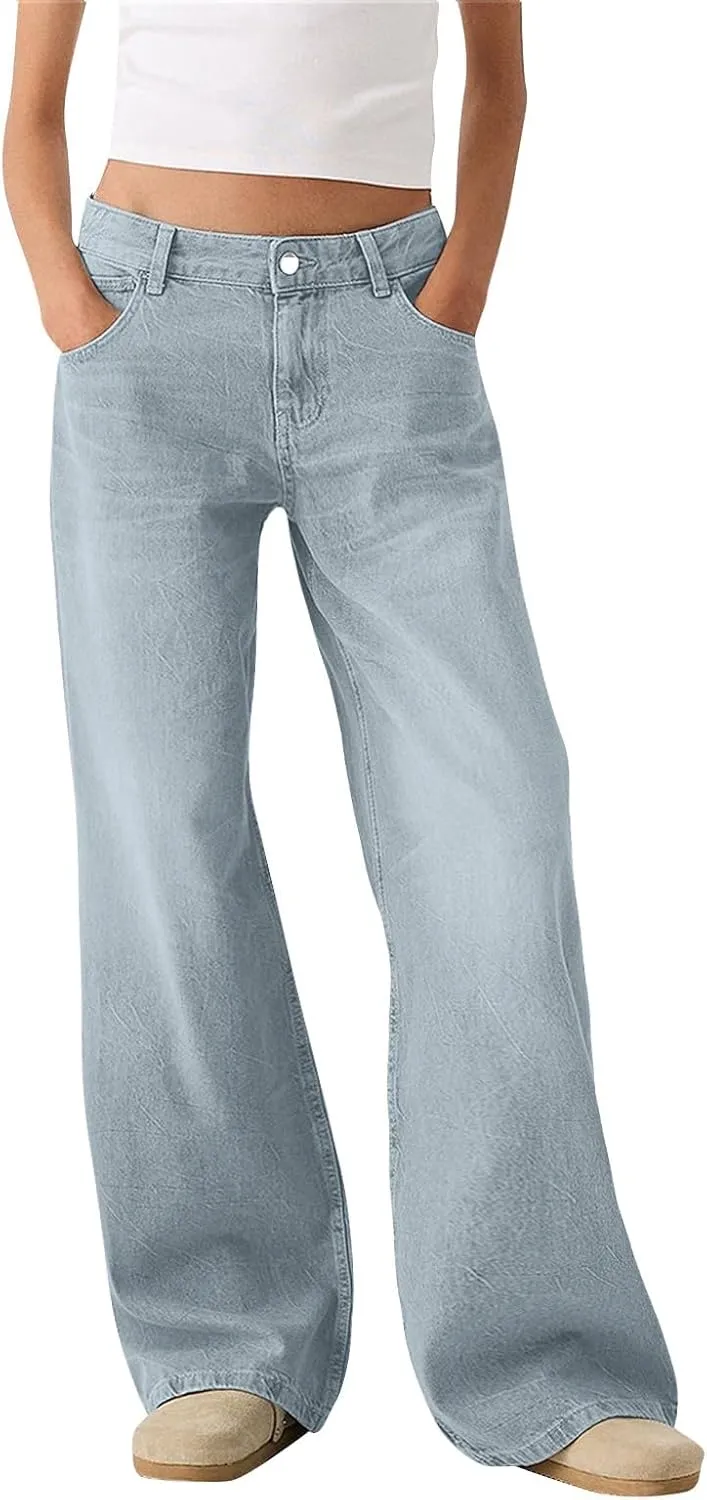 Women Sweatpants Jeans Y2K Baggy Denim Pants Streetwear Trendy High Waisted Wide Leg Boyfriend Jeans with Pockets