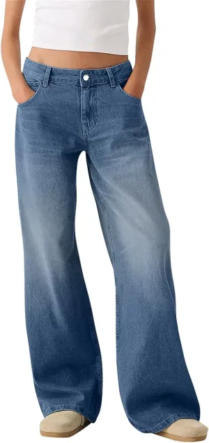 Women Sweatpants Jeans Y2K Baggy Denim Pants Streetwear Trendy High Waisted Wide Leg Boyfriend Jeans with Pockets