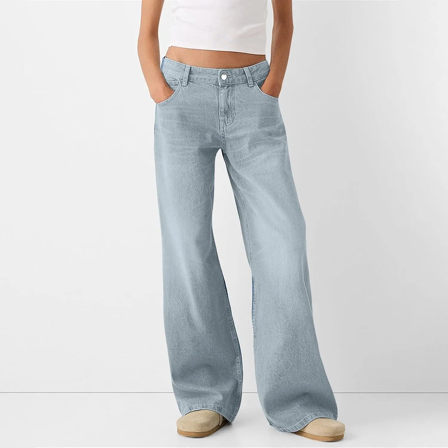 Women Sweatpants Jeans Y2K Baggy Denim Pants Streetwear Trendy High Waisted Wide Leg Boyfriend Jeans with Pockets