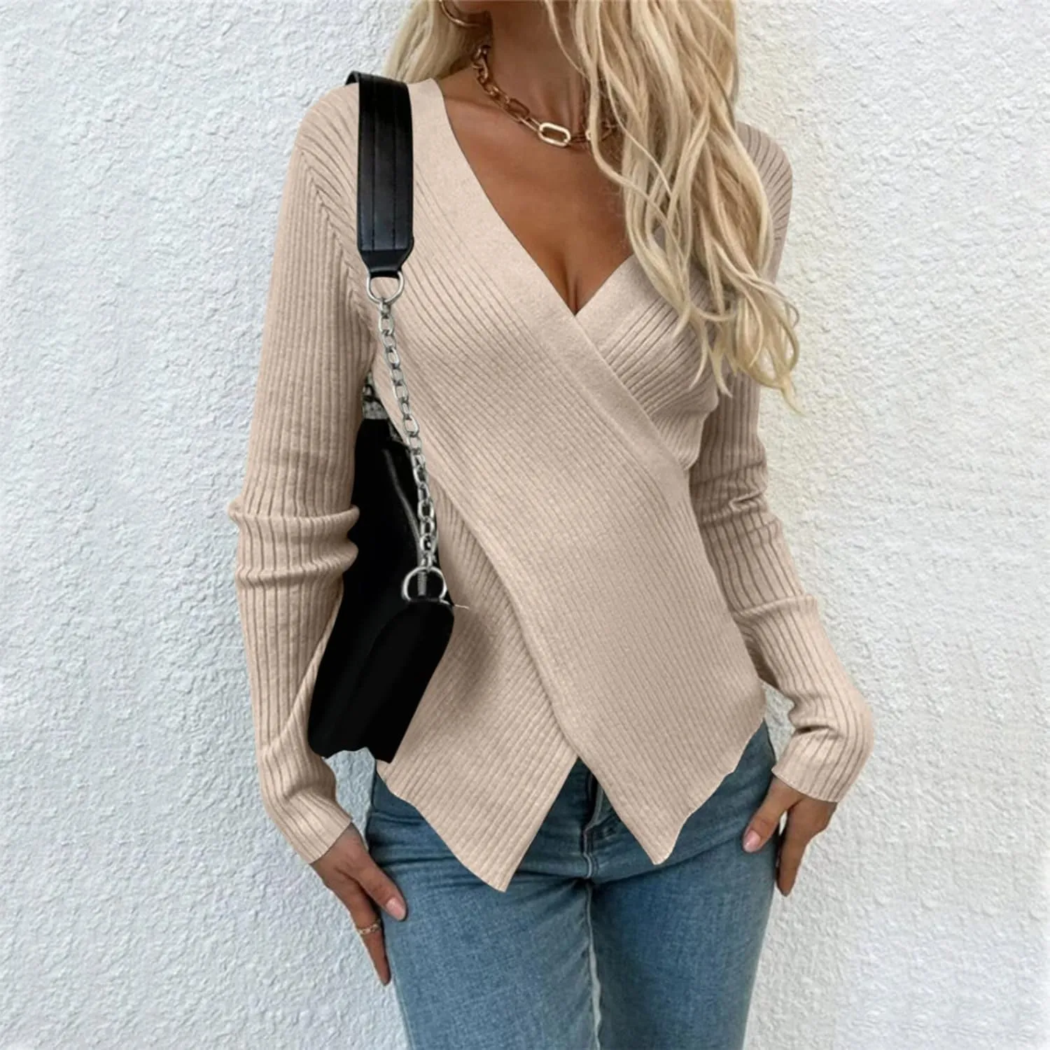 Women V Neck Pullover Sweater Solid Slim Fit Pullover Irregular Hem Sweater Fall Winter Fashion Trendy Sweater