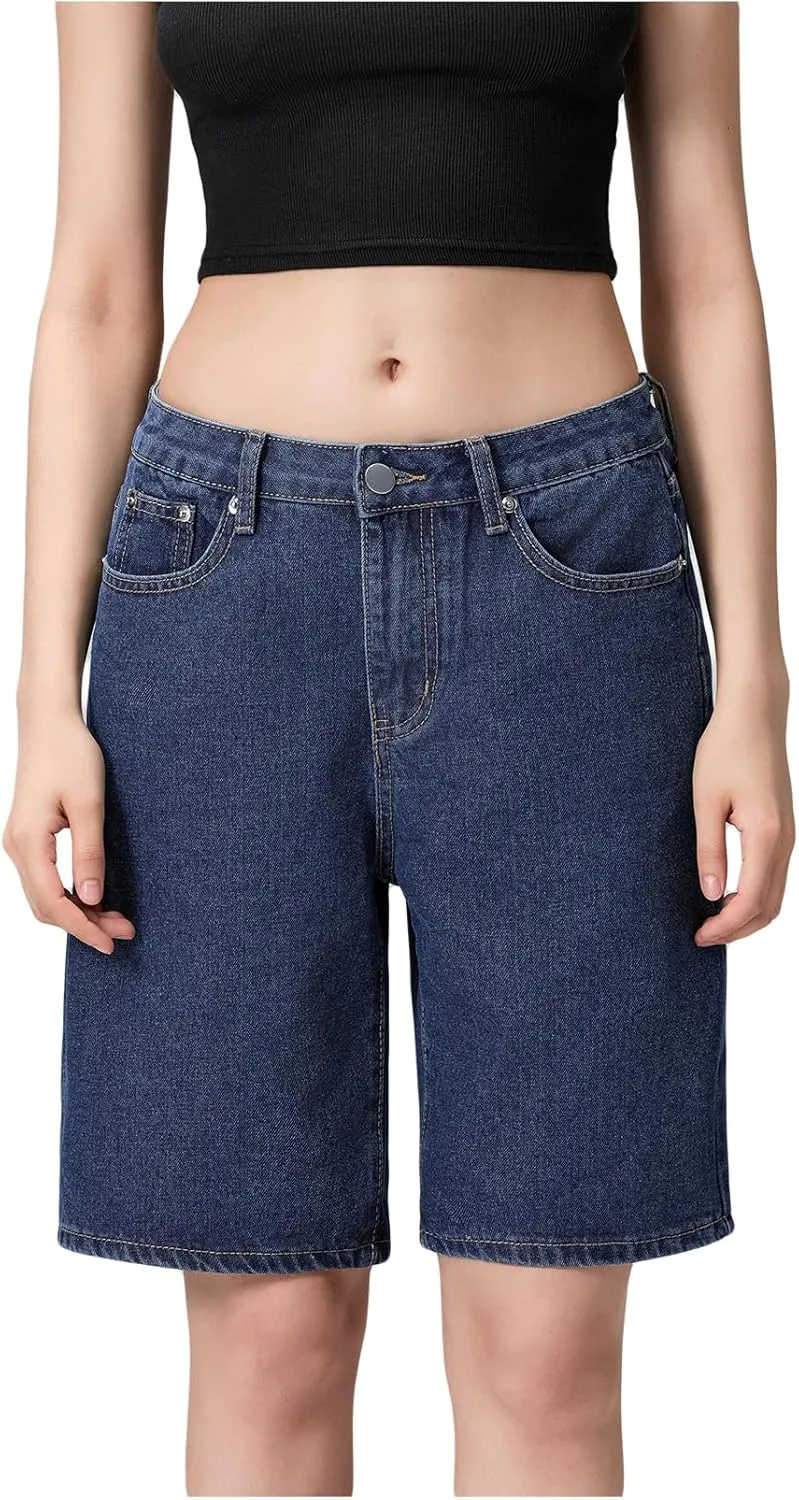 Women Y2K Baggy Denim Shorts Loose Mid Rise Cargo Long Jean Shorts Summer Wide Leg Distressed Carpenter Jorts