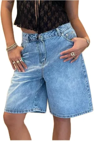 Women Y2K Baggy Denim Shorts Loose Mid Rise Cargo Long Jean Shorts Summer Wide Leg Distressed Carpenter Jorts