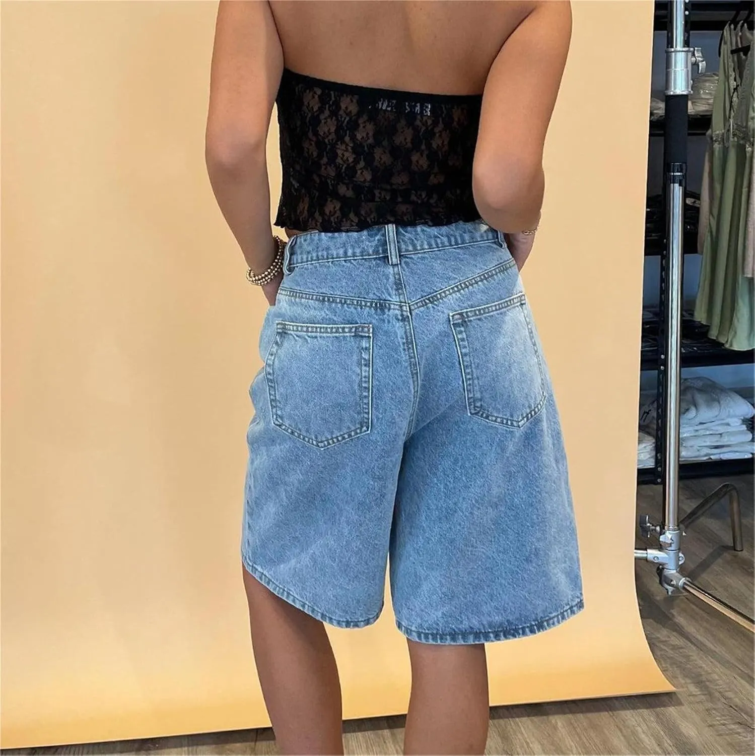 Women Y2K Baggy Denim Shorts Loose Mid Rise Cargo Long Jean Shorts Summer Wide Leg Distressed Carpenter Jorts