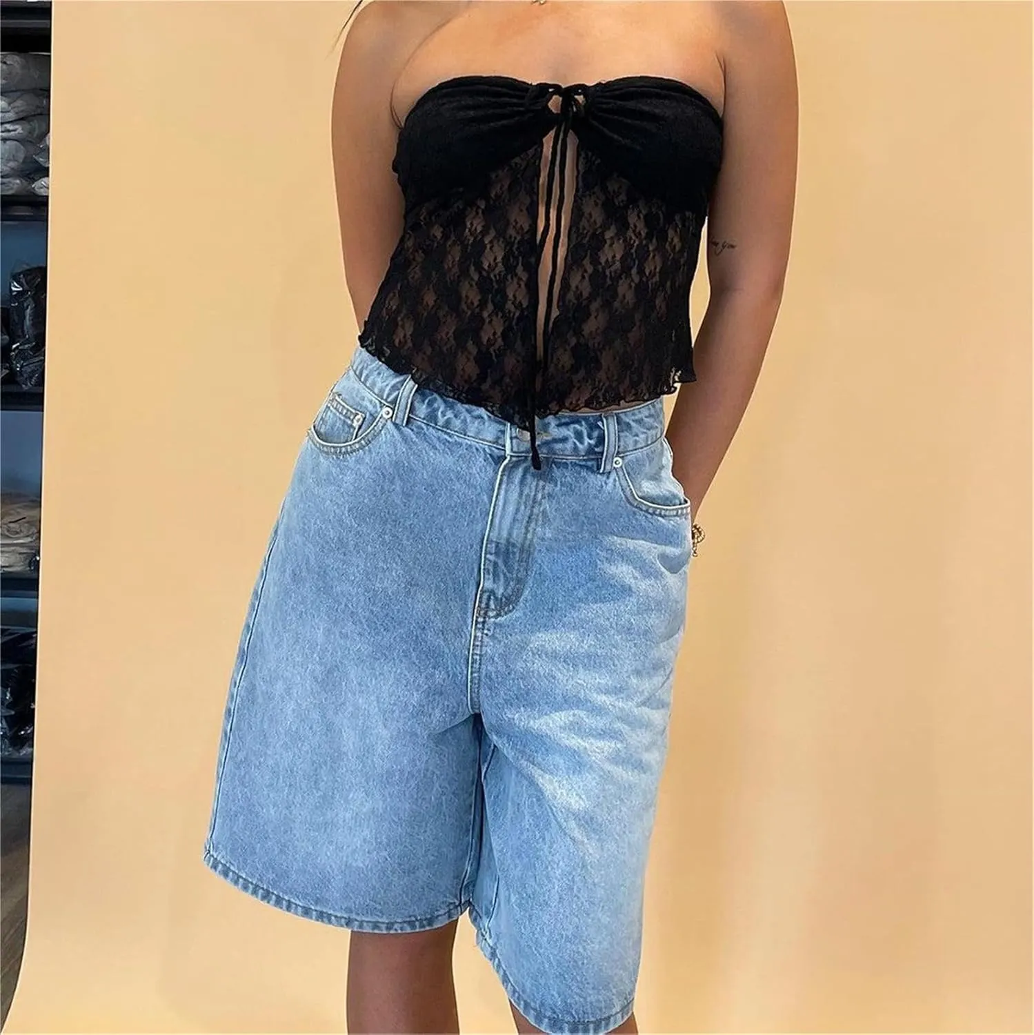 Women Y2K Baggy Denim Shorts Loose Mid Rise Cargo Long Jean Shorts Summer Wide Leg Distressed Carpenter Jorts