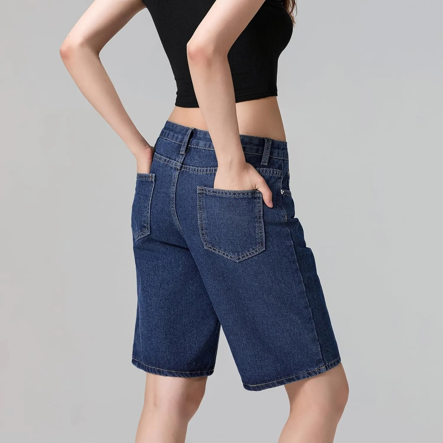 Women Y2K Baggy Denim Shorts Loose Mid Rise Cargo Long Jean Shorts Summer Wide Leg Distressed Carpenter Jorts