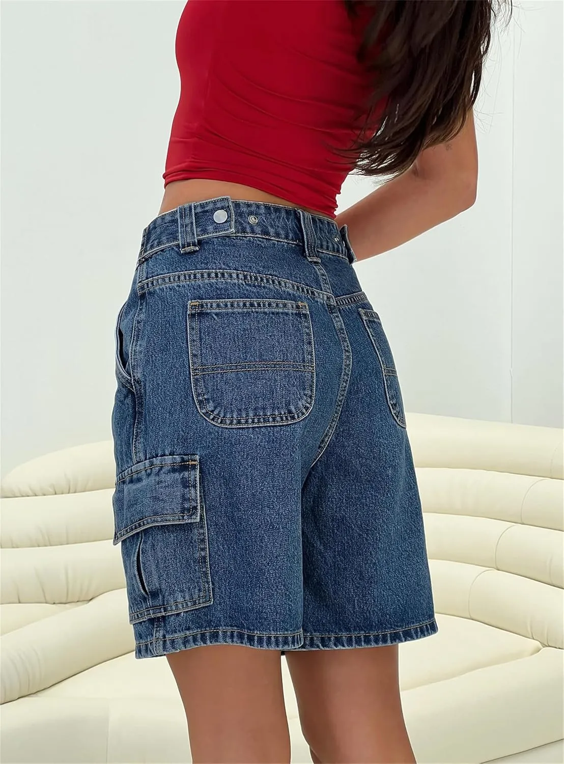 Women Y2K Baggy Denim Shorts Loose Mid Rise Cargo Long Jean Shorts Summer Wide Leg Distressed Carpenter Jorts