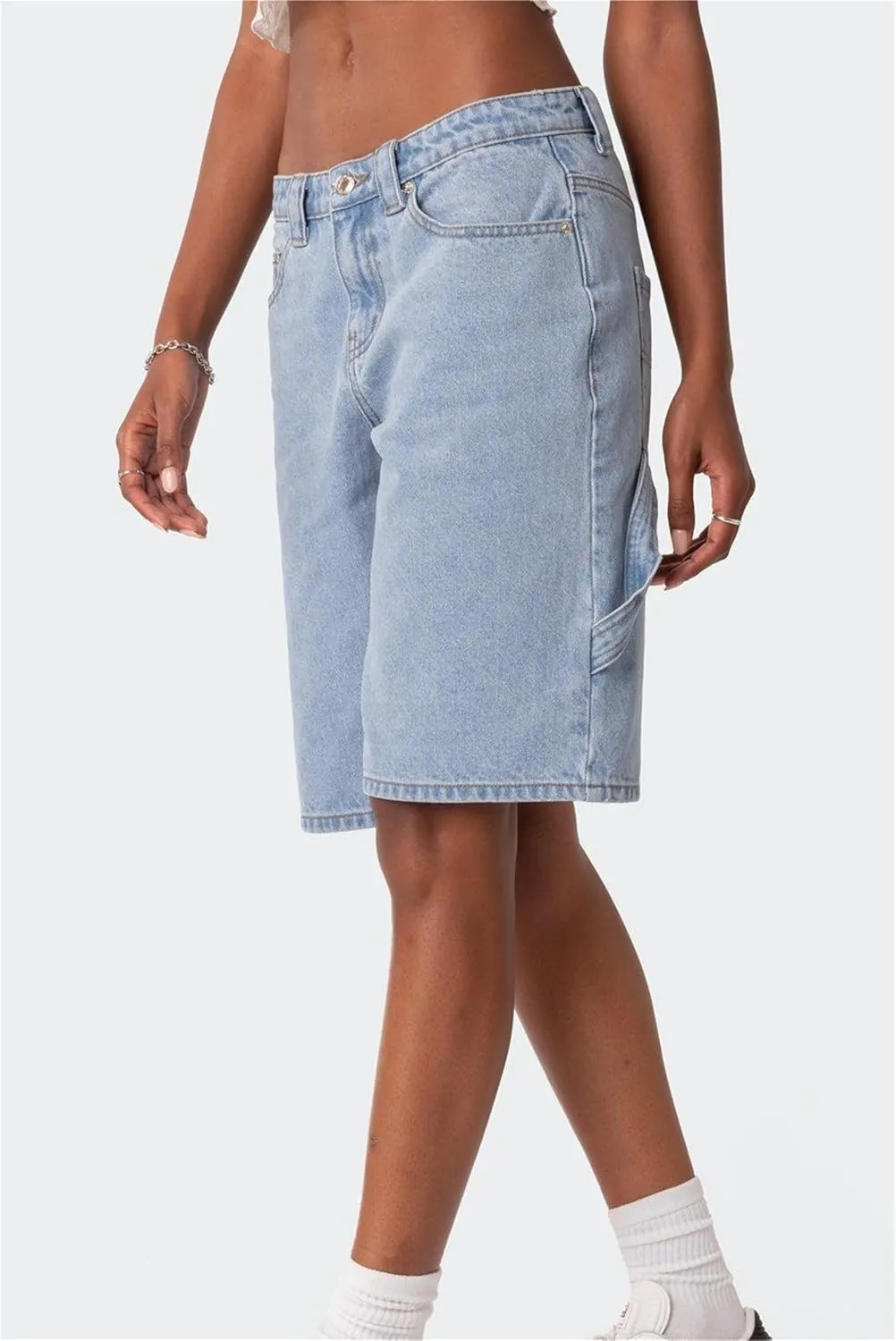 Women Y2K Baggy Denim Shorts Loose Mid Rise Cargo Long Jean Shorts Summer Wide Leg Distressed Carpenter Jorts