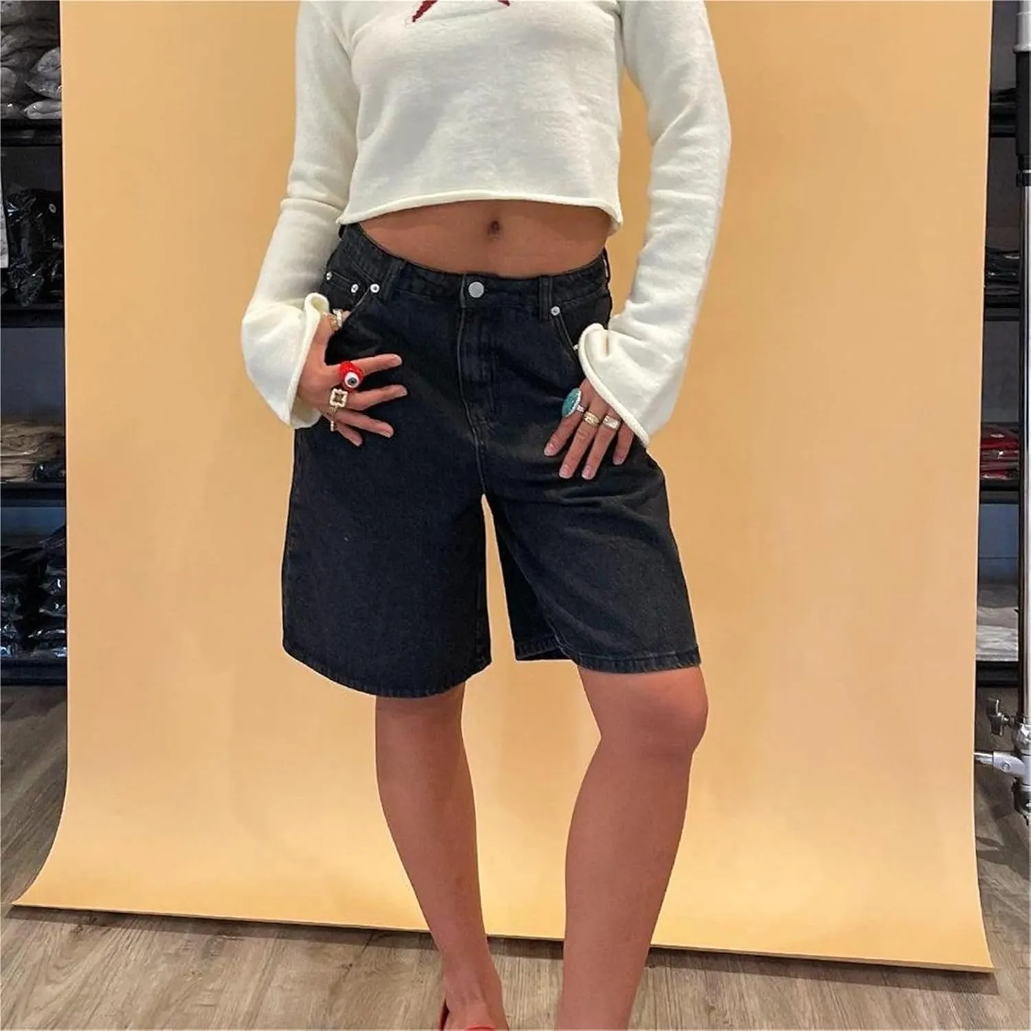 Women Y2K Baggy Denim Shorts Loose Mid Rise Cargo Long Jean Shorts Summer Wide Leg Distressed Carpenter Jorts