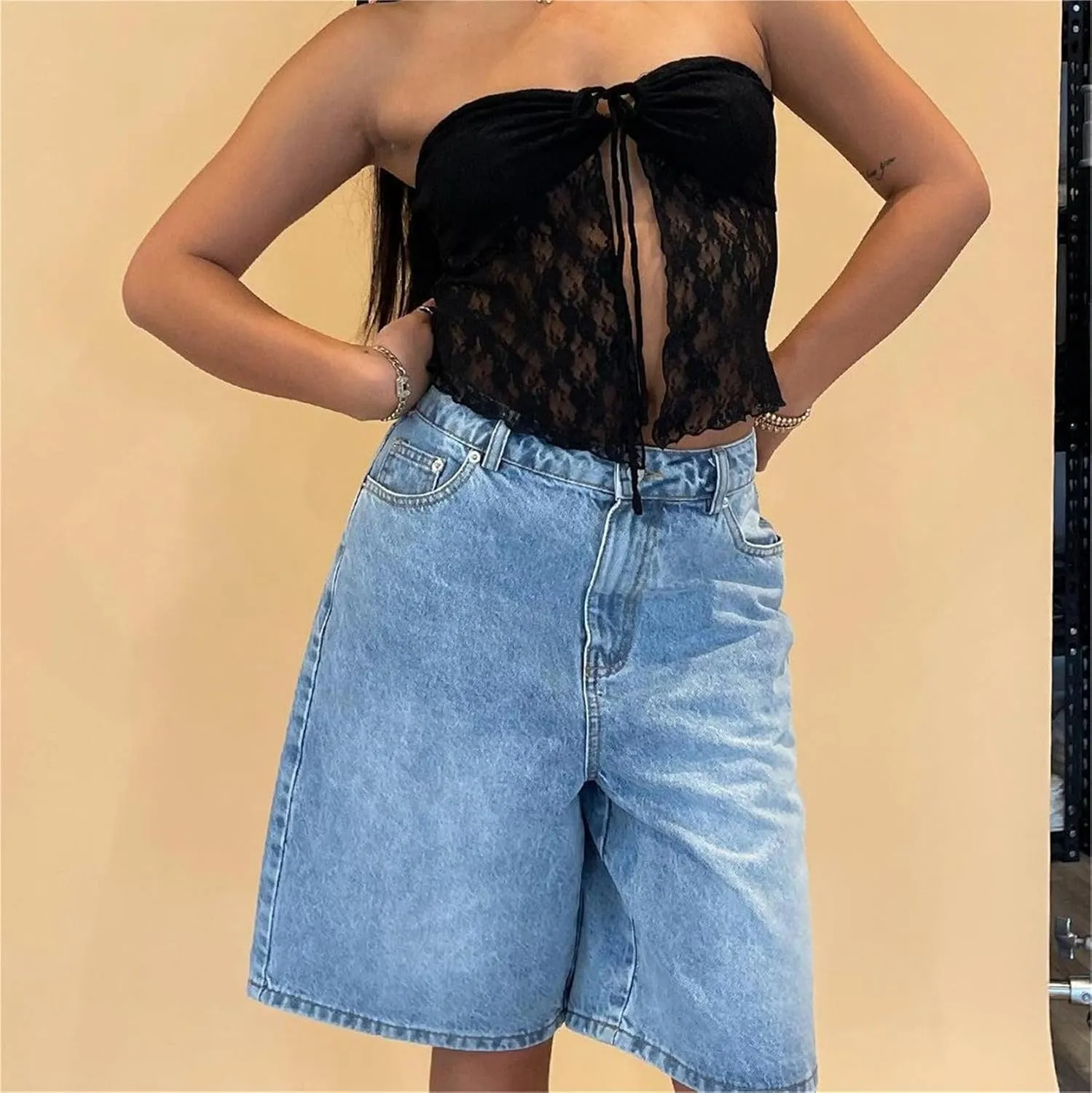 Women Y2K Baggy Denim Shorts Loose Mid Rise Cargo Long Jean Shorts Summer Wide Leg Distressed Carpenter Jorts