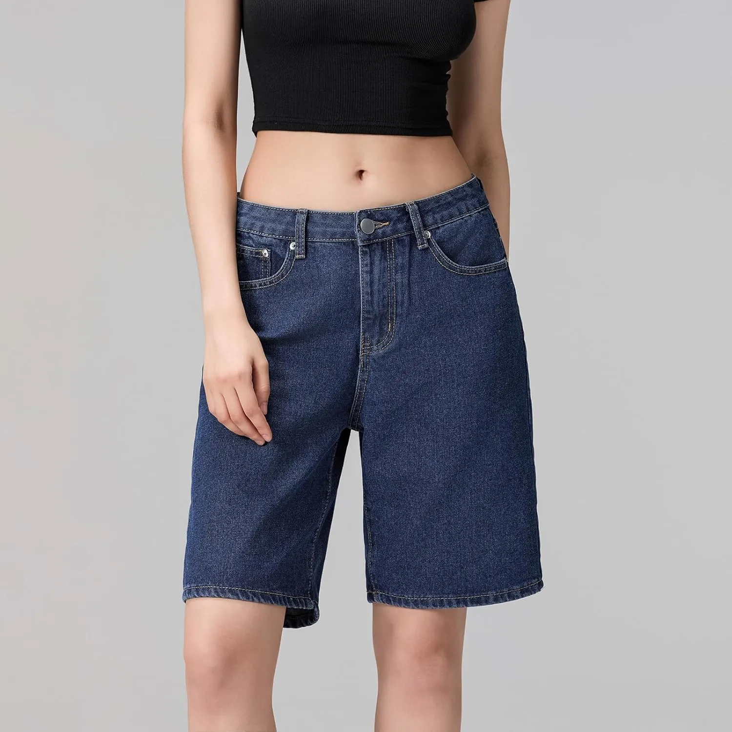 Women Y2K Baggy Denim Shorts Loose Mid Rise Cargo Long Jean Shorts Summer Wide Leg Distressed Carpenter Jorts